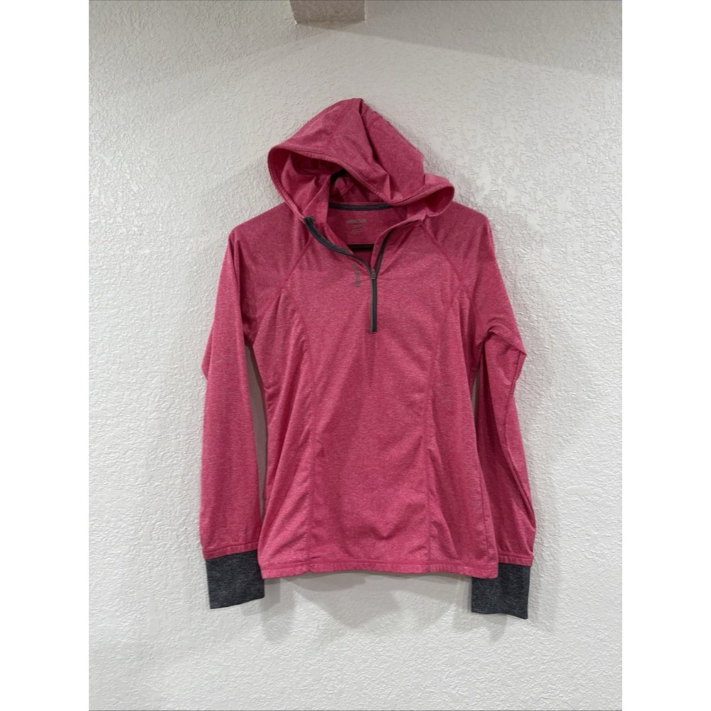Reebok Womens Athletic 1/4 Zip Hoodie Pullover Pink Thumbholes Size Med